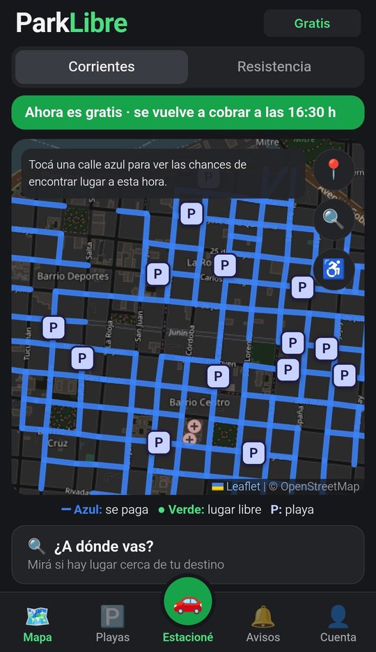 Mapa de ParkLibre con las calles del estacionamiento medido